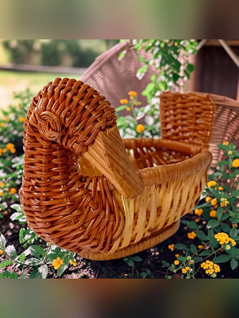 Vtg Mini Wicker Duck Goose Basket Planter Succulents Brown Figural Cottage Core